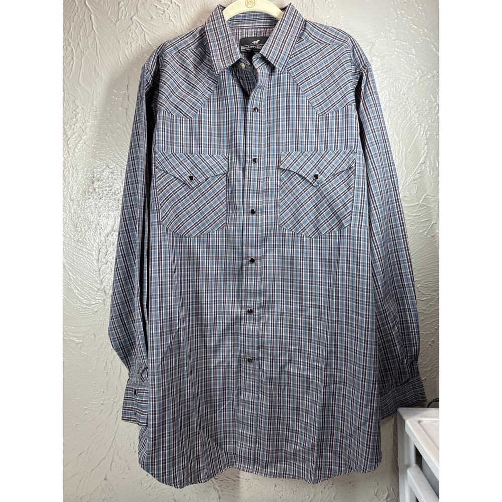 Vintage Western Express Pearl Snap Button Cowboy Shirt Gray Plaid‎ Size XL